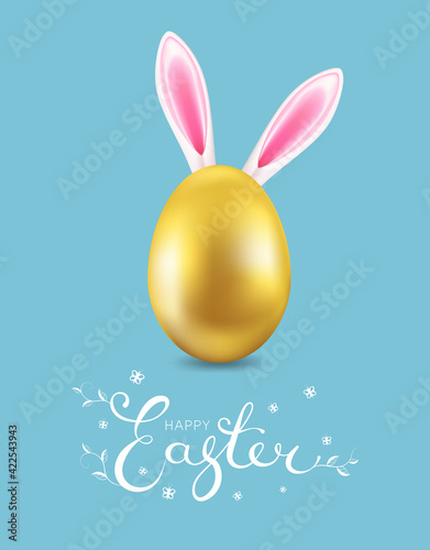 Golden Easter egg, bunny ears, inscription Happy Easter, on blue background.