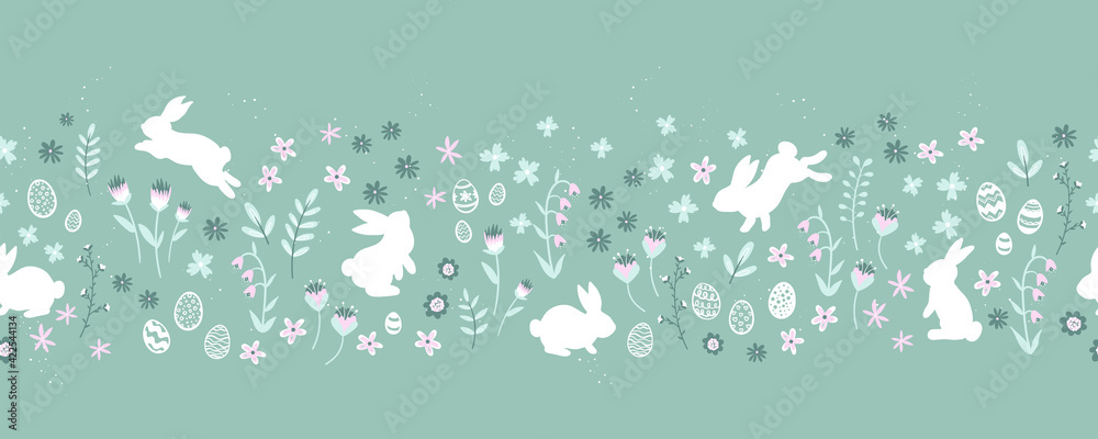 Lovely hand drawn easter bunnies seamless pattern, cute rabbits, springs flowers and easter eggs - great for textiles, banners, wallpapers, wrapping, cards - vector design
