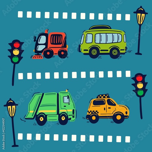 Hand drawn city service cars on the blue background with streetlight and traffic light. Street cleaner car, public bus, garbage truck, taxicab. Cute kids vector illustration.