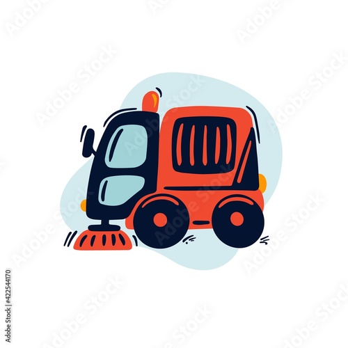 Hand drawn red street sweeper car. Cleaning truck. Cute kids vector illustration.
