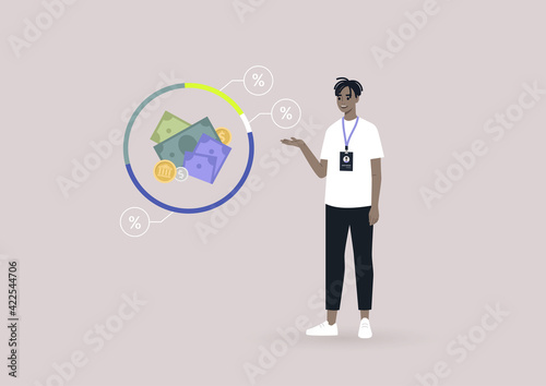 A young male Black financial consultant pointing at the investment program infographics, an online professional advice service