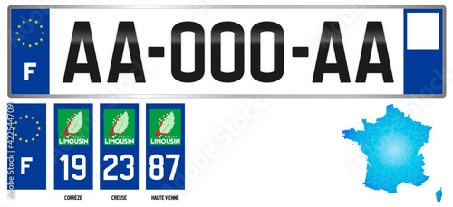 Limousin, France, french regional license plate template, detail of the side label of the department, vector illustration, example of numbering
