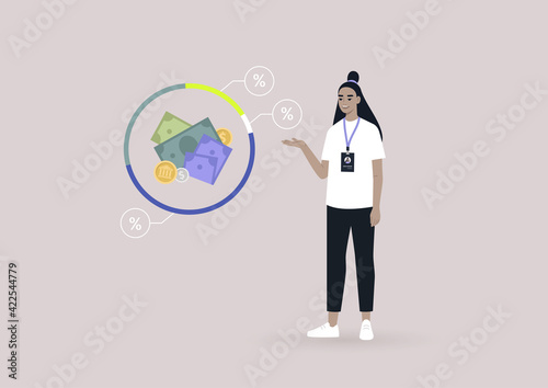 A young female Asian financial consultant pointing at the investment program infographics, an online professional advice service