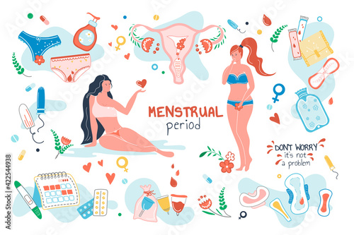 Menstrual period set isolated elements. Women with menstruation. Hygiene products symbols bundle - tampons, cups, panties, pads, uterus, pills, calendar. Vector illustration in flat cartoon design