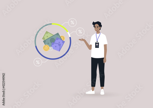 A young male financial consultant pointing at the investment program infographics, an online professional advice service