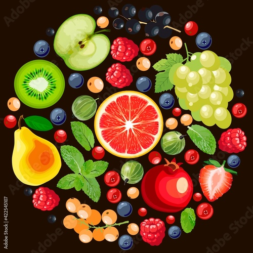 Fototapeta Naklejka Na Ścianę i Meble -  Mix of berries, grapefruit, grapes, pears and apples on a black background