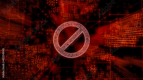 Restricted Access Technology Concept with Prohibition symbol against a Futuristic, Orange Digital Grid background. Network Tech Wallpaper. 3D Render  photo