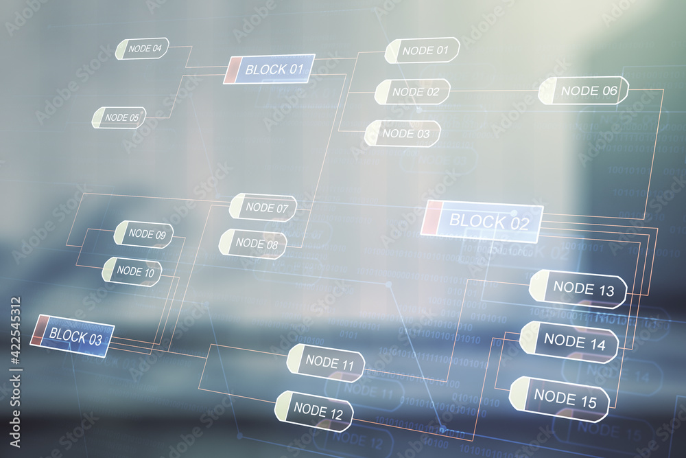 Abstract virtual coding concept on blurry modern office building background. Multiexposure Abstract virtual coding concept on blurry modern office building background. Multiexposure