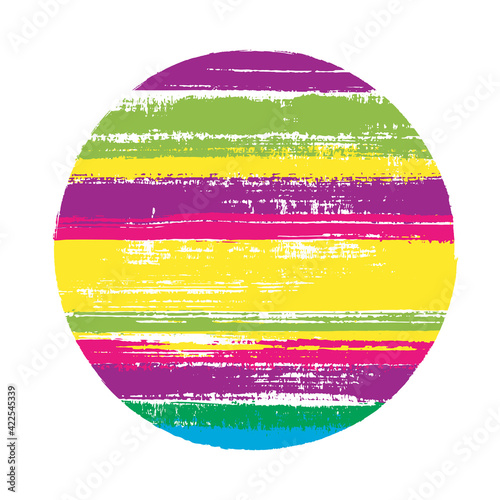 Abrupt circle vector geometric shape with stripes texture of ink horizontal lines. Old paint texture disc. Badge round shape logotype circle with grunge stripes background.