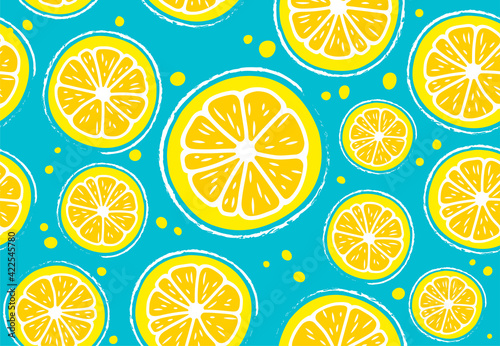 Fresh, tropical fruits, citrus, lemon. Seamless fruit background for banners, printing on fabric, labels, printing on T-shirts. Children's drawing in cartoon style on a blue, turquoise background-02