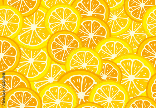 Fresh, tropical fruits, lemon and orange. Seamless fruit background for banners, printing on fabric, labels, printing on T-shirts. Children's drawing in a cartoon style.