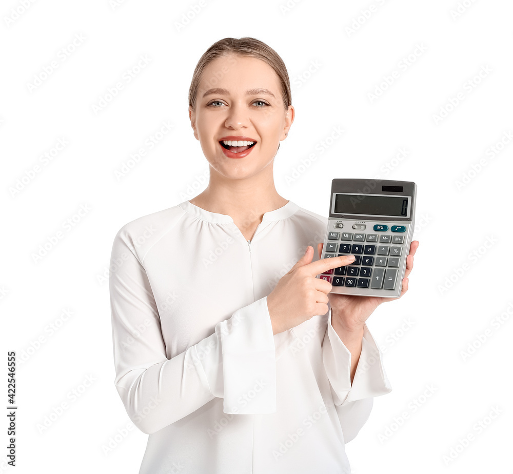 Young woman with calculator on white background Young woman with calculator on white background