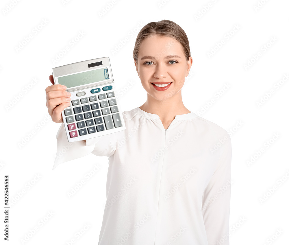 Young woman with calculator on white background Young woman with calculator on white background
