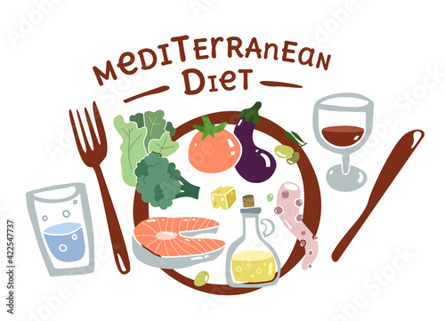 Mediterran food plate. Flat concept set. South Europa diet. Mediterranen healthy lifestyle. Seafood and vegetables. Flat design food elements. Vector illustration.