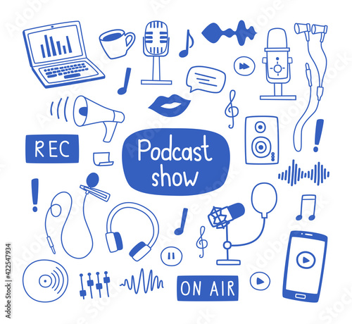 Set of contour elements and labels on the topic of recording podcasts, various microphones, a laptop, phrases, sound images. Vector illustration in the doodle style, for banners, websites, packaging.