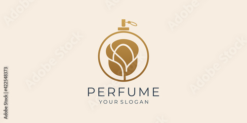 Perfume Logo Template Design. luxury gold perfume bottle vector template.
