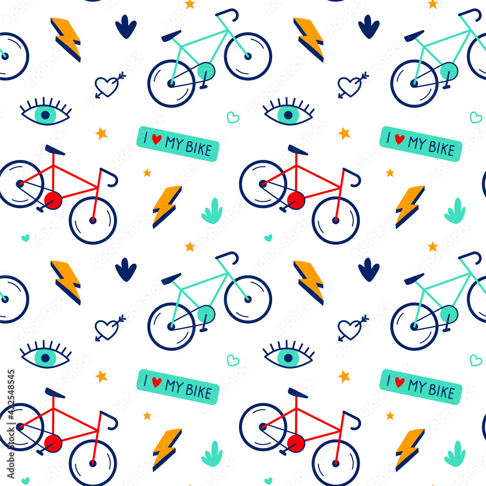 Trendy seamless pattern with bicycles. Vector texture or background for gift paper, wallpaper, fabric, cover, textiles or bike shop. I love my bike concept.