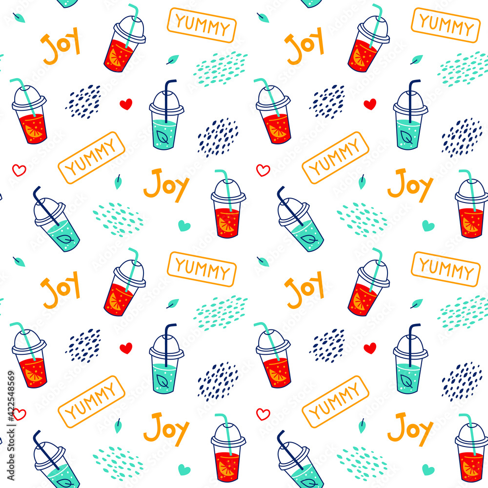 Bright cute seamless pattern with summer drinks. Vector illustration with cocktail or lemonade to go. Background or texture for gift paper, wallpaper, fabric, textile, menu cover.