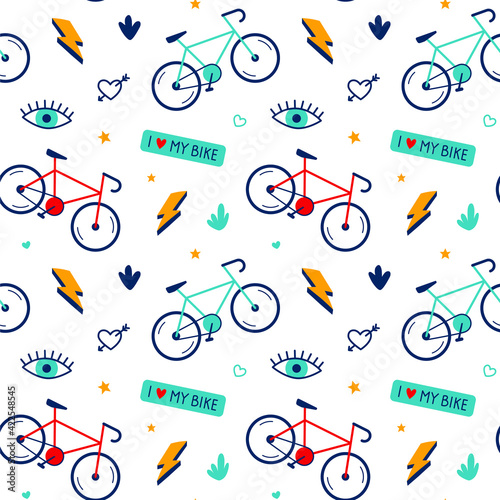 Trendy seamless pattern with bicycles. Vector texture or background for gift paper, wallpaper, fabric, cover, textiles or bike shop. I love my bike concept.