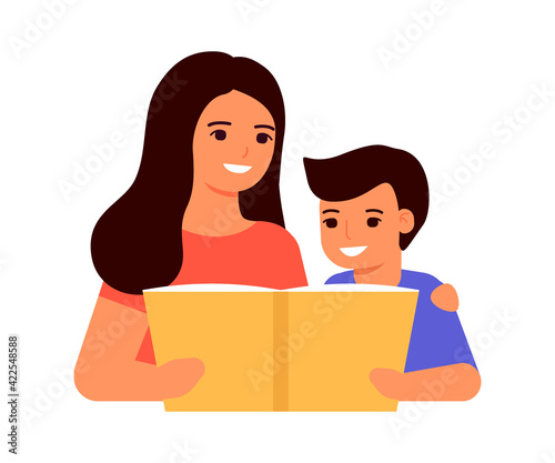 Child boy and mother read book, learn lesson. An open book for reading, learning, education and entertainment. Mom help kid with reading. Home school, online education, knowledge concept. Vector