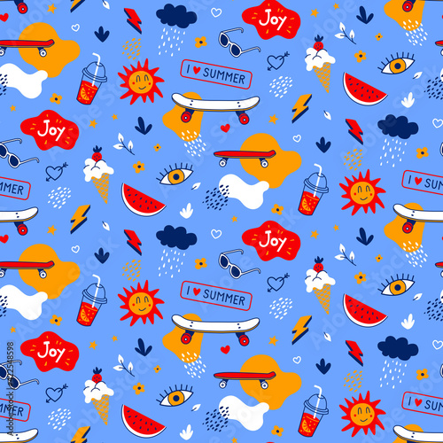 Trendy seamless pattern with skateboard, penny board, sunglasses, watermelon and ice cream. Vector elements of summer fun. Using clipping mask.