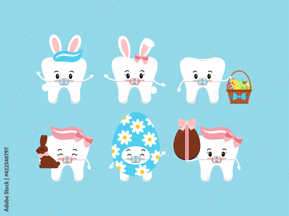 Easter tooth dental braces icon set isolated. Orthodontic dentistry ...