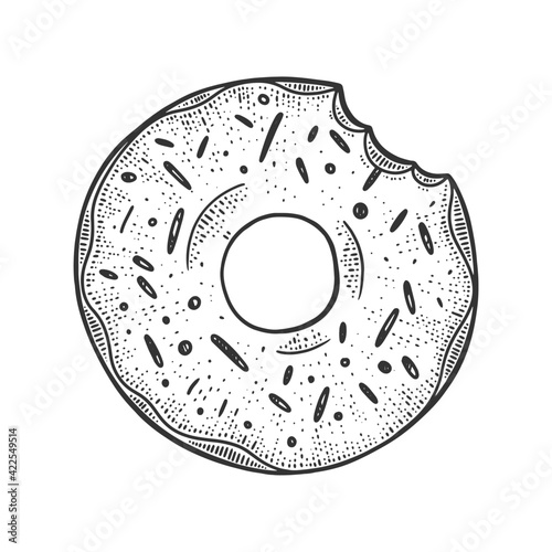 bitten donut sketch engraving vector illustration. T-shirt apparel print design. Scratch board imitation. Black and white hand drawn image.