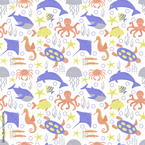 Sea inhabitants. Seamless vector pattern.