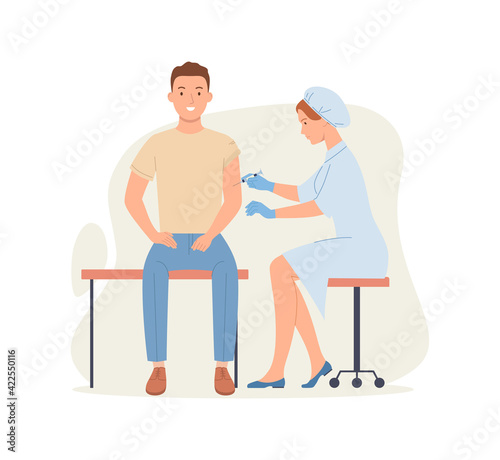 Time to vaccinate - doctor vaccinates the guy. Good immunity, vaccination for COVID-19, or influenza. Vector illustration in a flat style.
