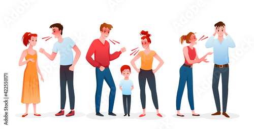 Cartoon angry man and woman have argument, quarreling before divorce, crying boy son child standing between divorcing parents isolated on white. Family or couple people quarrel vector illustration.