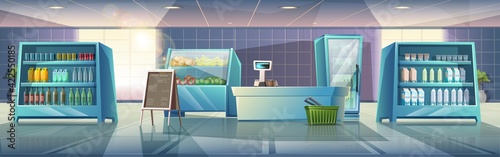 Vector cartoon style illustration of interior  supermarket with showcases food and grocery, cashier and menu stand.