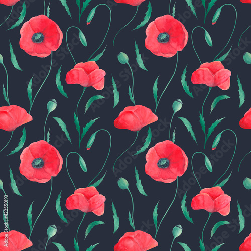Watercolor hand-painted floral seamless pattern. Poppies on dark background © Любовь Зажигина