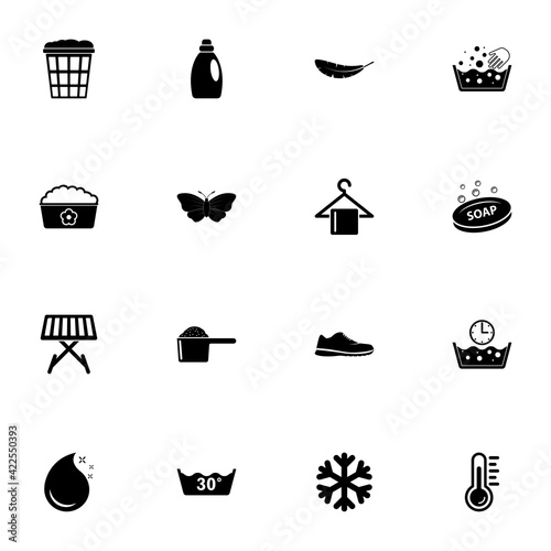 Washing icon - Expand to any size - Change to any colour. Perfect Flat Vector Contains such Icons as soap, bottle, butterfly, dryer, laundry basket, powder, foam, sneaker, water temperature, hanger.