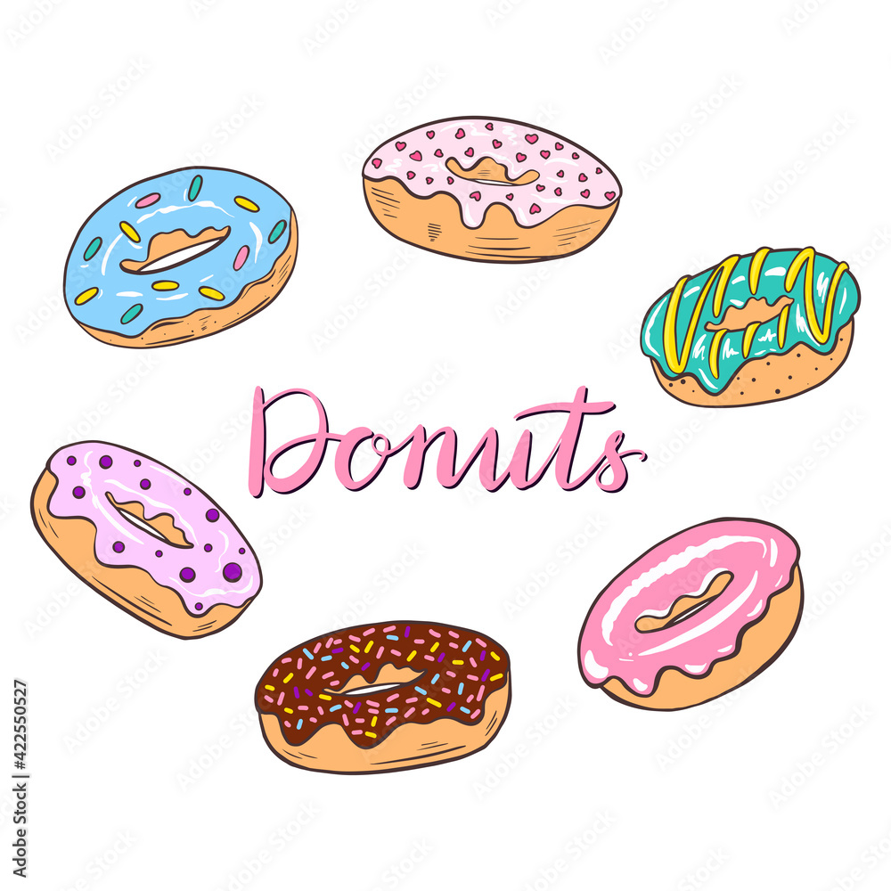 Colorful hand-drawn set of Donuts theme - items, objects and symbols. Pastry for menu design, cafe decoration and delivery box glazed cover. Vector illustration isolated on white background