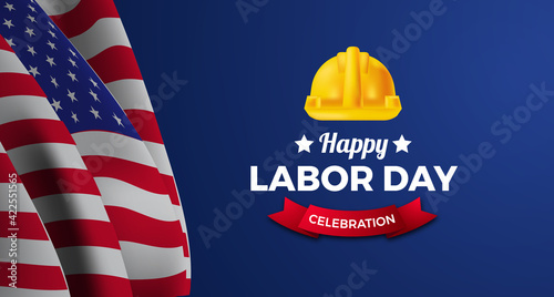 American labor day poster banner with flag and safety engineer worker helmet