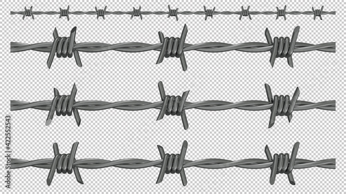 Shiny steel barbed wire - 3 seamless high resolution pixel pattern segments with transparent background made from 3D render