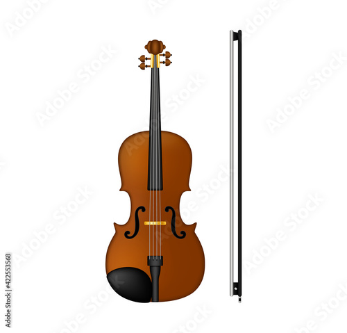 Violin with a bow, string musical instrument. Vector illustration isolated on white background