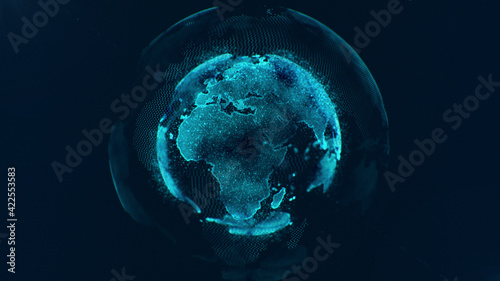 Carte de la planète. Carte du monde. Intelligence artificielle. Réseau social mondial. Fond-d'écran futuriste bleu avec planète Terre. Internet et la technologie. photo