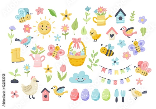 Easter spring set with cute eggs, birds, bees, butterflies. Hand drawn flat cartoon elements. illustration