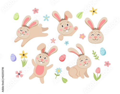 Easter bunny set with cute flowers and eggs. Hand drawn flat cartoon elements. illustration