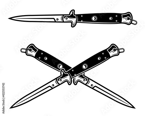 Combat knives set of vector objects or elements in vintage black and white style isolated illustration