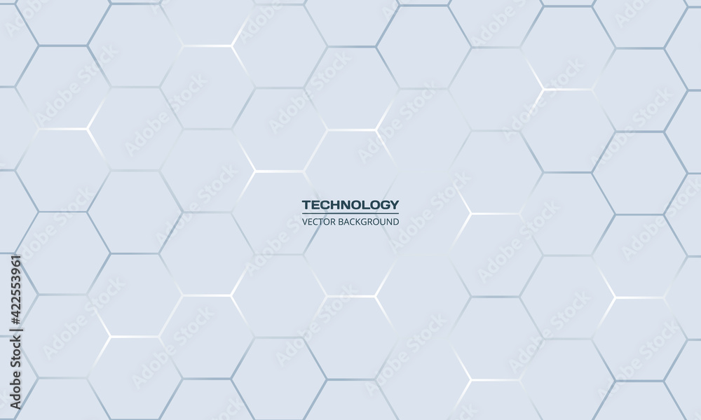 Light gray hexagonal technology vector abstract background. Blue bright energy flashes under hexagon in technology futuristic modern background vector illustration. White honeycomb texture grid.