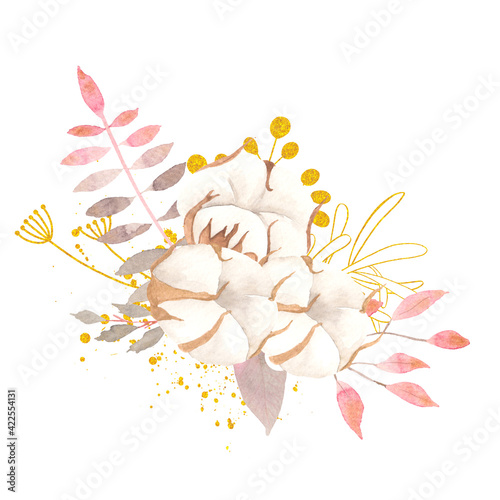 Watercolor floral bouquet with fwith delicate pink and gray flowers, leaves, branches, twigs and gold elements isolated on white background photo