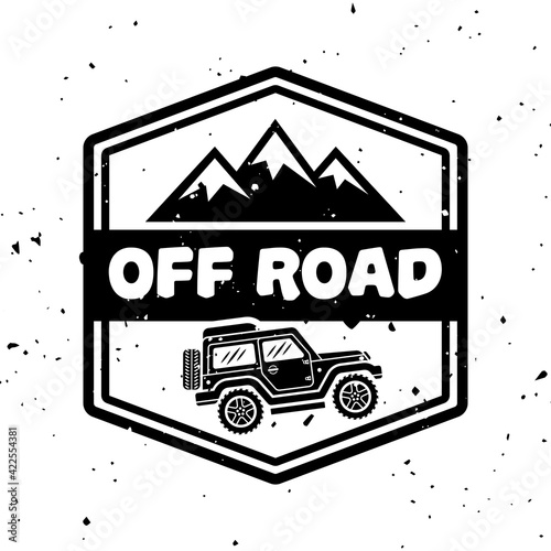 Off-road extreme club vector monochrome vintage emblem with car and mountains isolated on white background