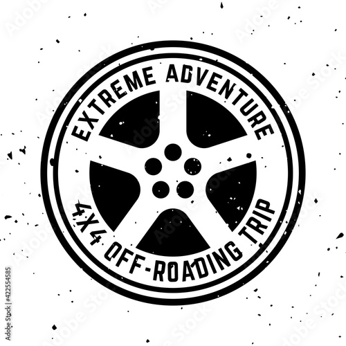 Off-road 4x4 extreme club vector round monochrome vintage emblem with tire isolated on white background
