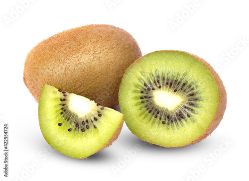 Ripe kiwi fruit and kiwi slices isolated on white background