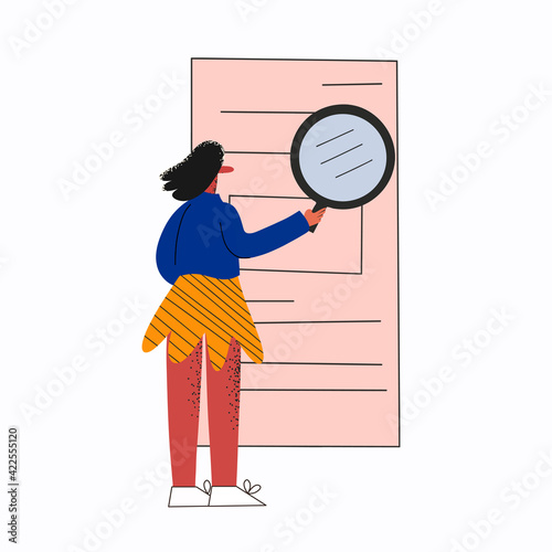 business woman analyzes a document with a magnifying glass.The lawyer checks the statement of claim.Hiring and studying the profile.The clerk is doing paperwork. Checking the report.Trendy textured