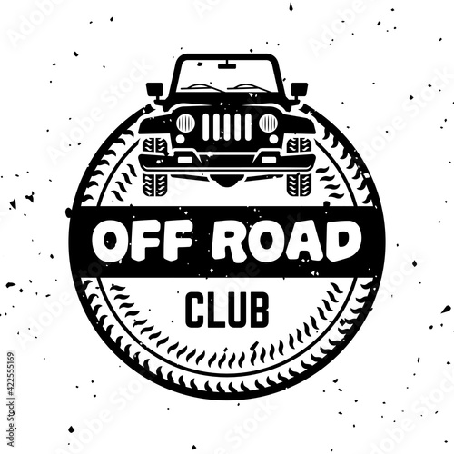 Off-road round vector monochrome vintage emblem, label, badge or logo isolated on white background