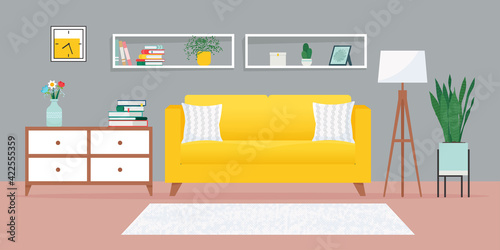 Cozy living room with sofa and other furniture. Vector illustration in flat style  interior design