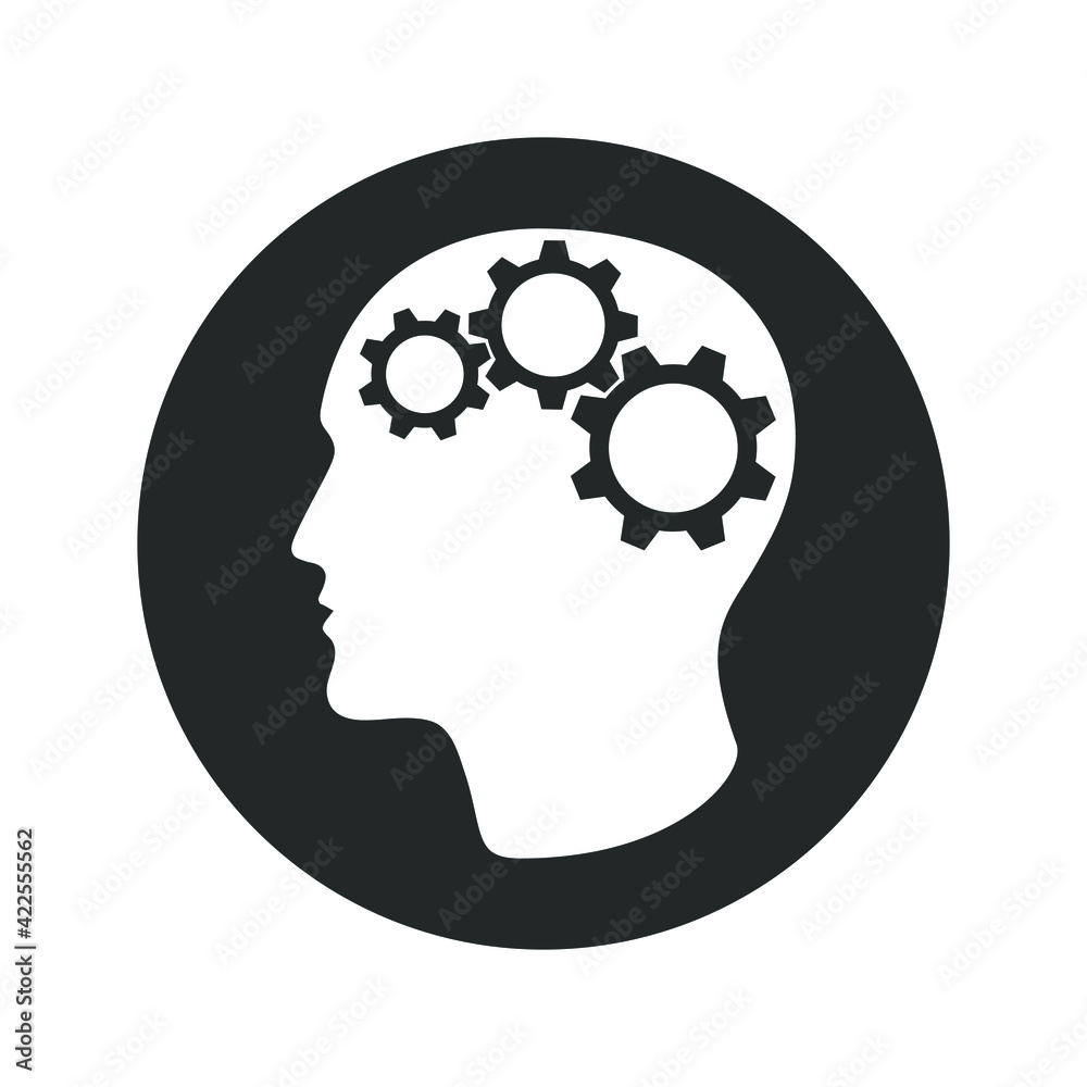 Person head with gears graphic sign. Idea search and making a decision symbol. Business concept. Vector illustration Person head with gears graphic sign. Idea search and making a decision symbol. Business concept. Vector illustration